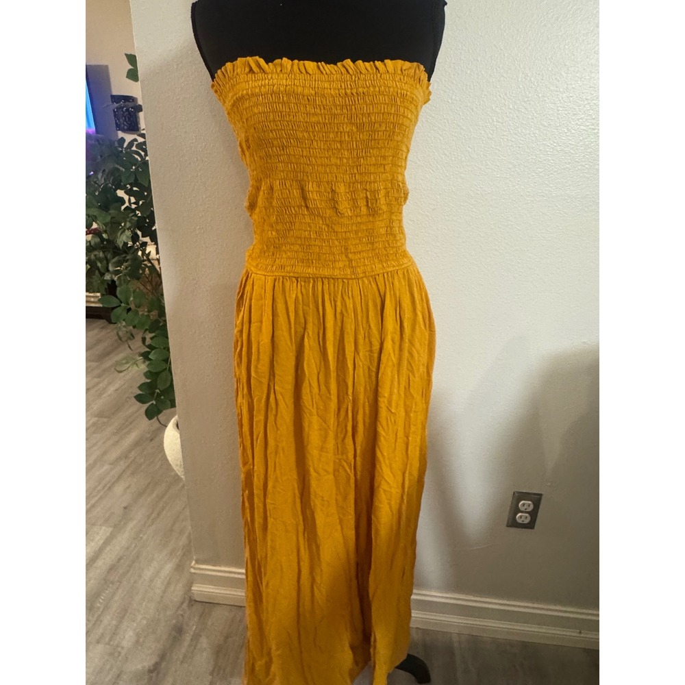 Mustard Yellow Smocked Strapless Wide Leg Jumpsuit Boho Summer Sun Star Tag